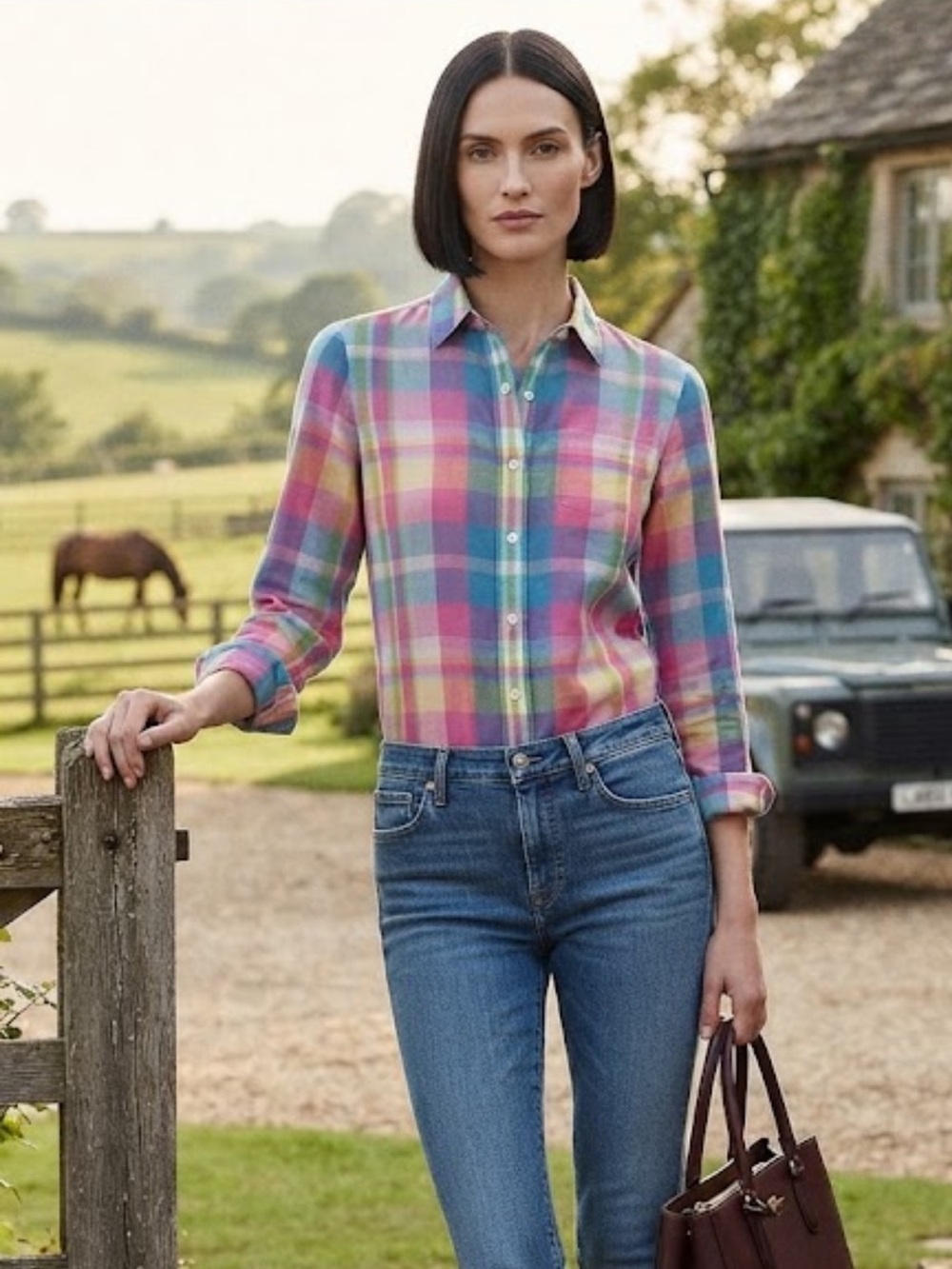 Lauren Ralph Lauren rainbow light 100% cotton logo cuff shirt